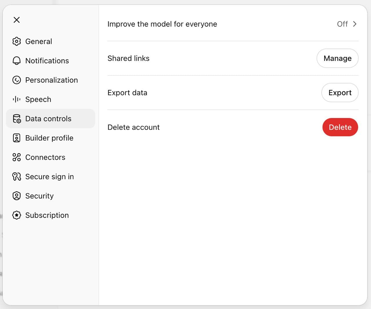 Screenshot of ChatGPT settings showing the export data button.
