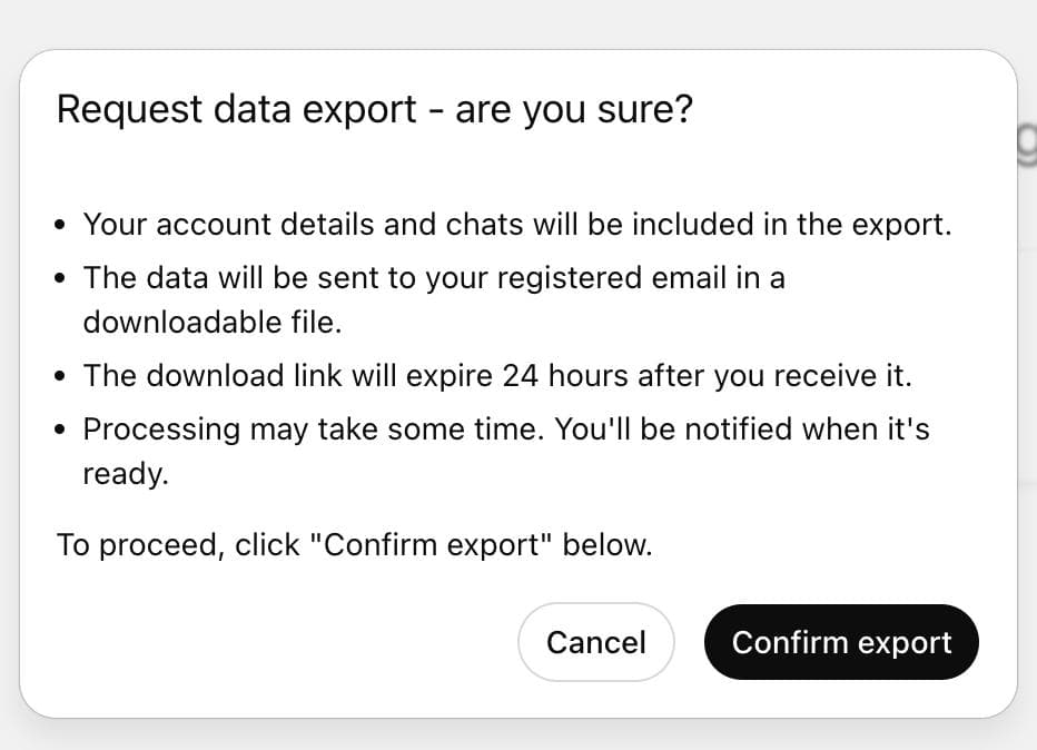 Screenshot of the export confirmation dialog.